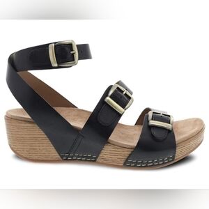 Dansko Lou Black Ankle Burnished Calf Wedge Sandal- 41